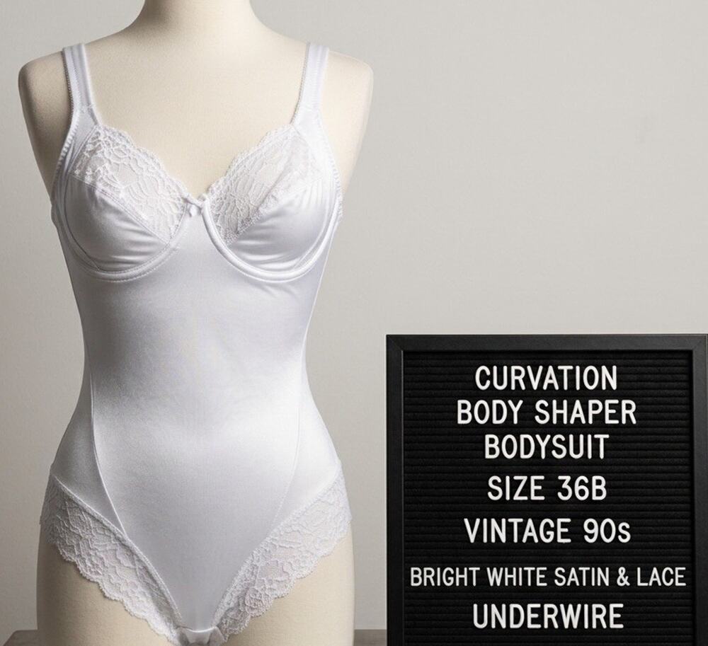 Vintage Curvation Body Shaper Bodysuit 36B White Satin Lace Underwire Teddy